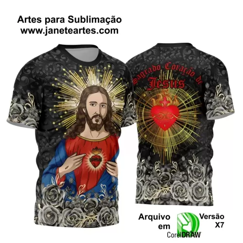  Arte Estampa Camisa Preta 2024 - Sagrado Coração de Jesus 2024 - Religião
