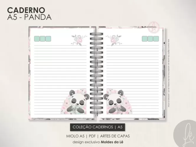 Caderno Pautado A5 – Panda (Moldes da Lê)